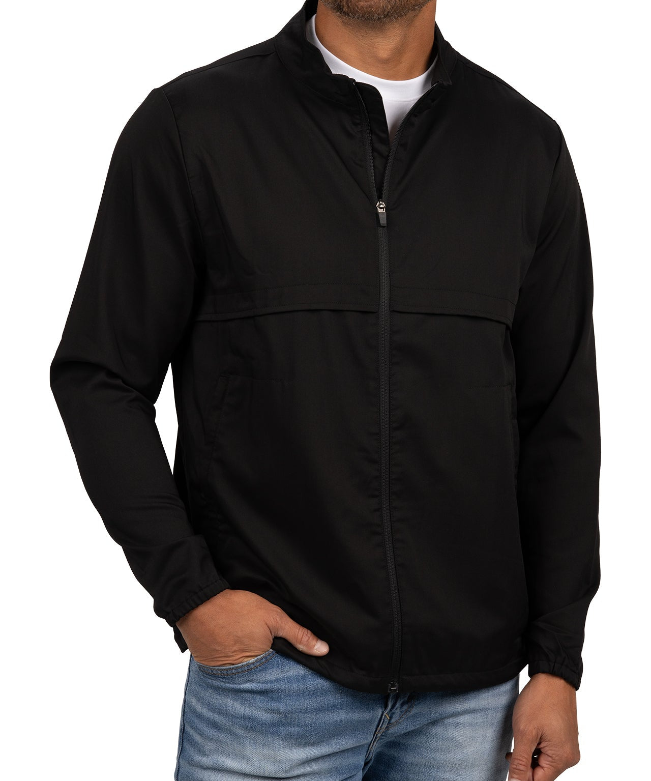 Fashionable black twill jacket with zipper, roomy pockets and wrinkle-free and anti-microbial features