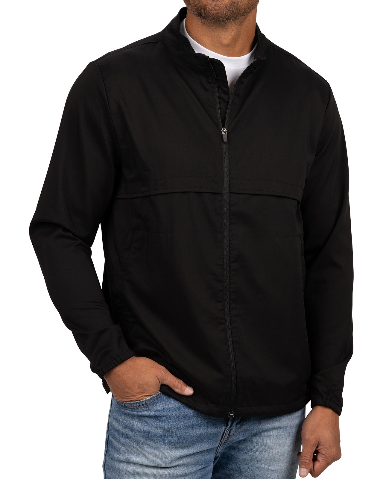 Fashionable black twill jacket with zipper, roomy pockets and wrinkle-free and anti-microbial features