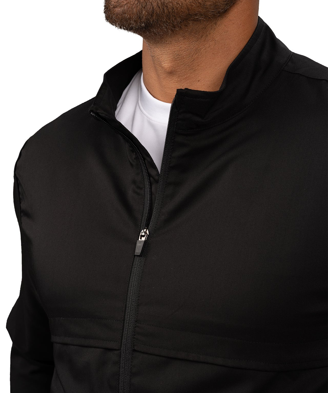 Fashionable black twill jacket with zipper, roomy pockets and wrinkle-free and anti-microbial features