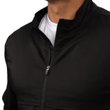 Fashionable black twill jacket with zipper, roomy pockets and wrinkle-free and anti-microbial features