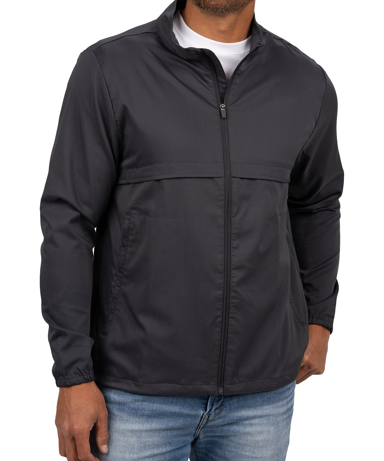 Fashionable grey twill jacket with zipper, roomy pockets and wrinkle-free and anti-microbial features