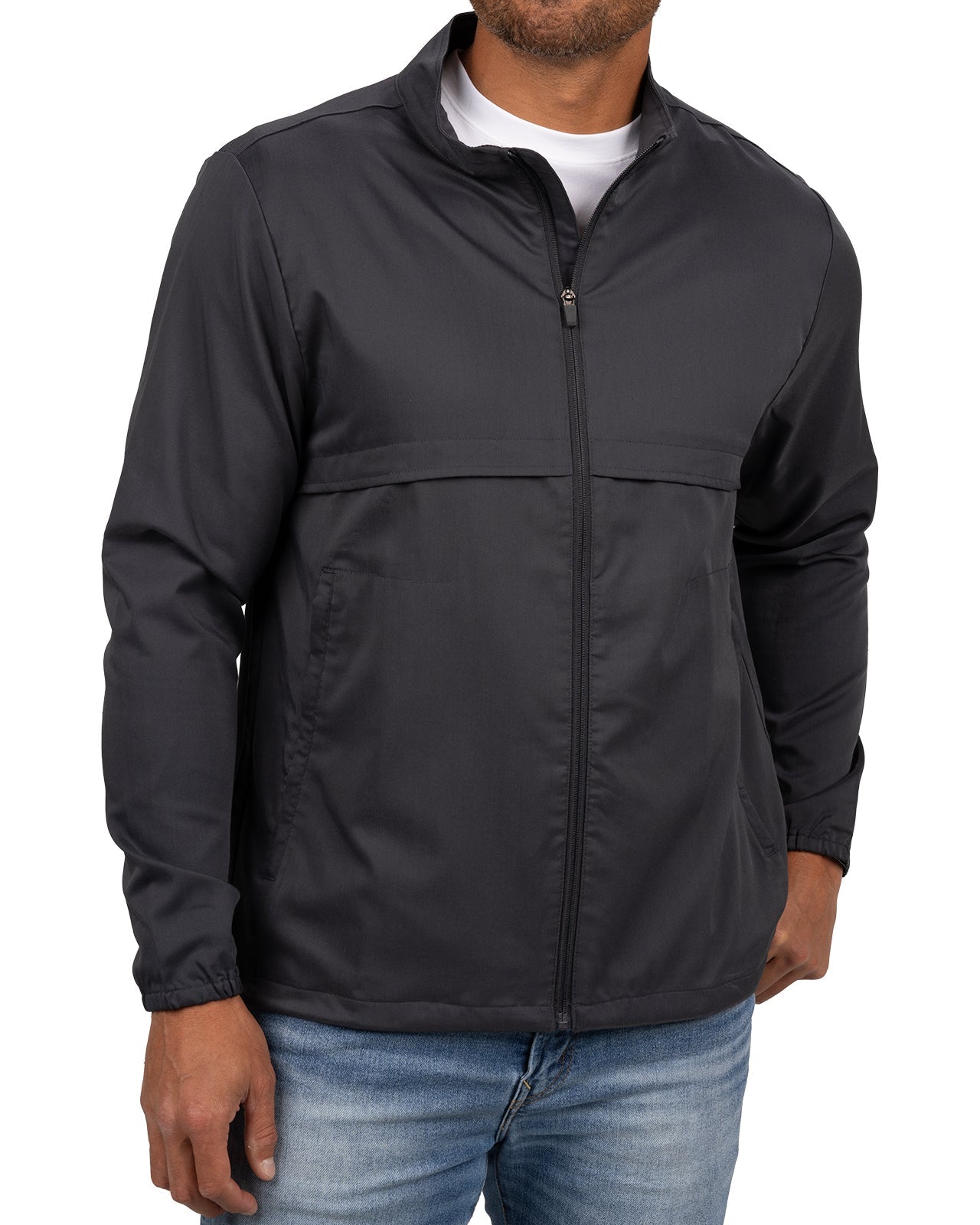 Fashionable grey twill jacket with zipper, roomy pockets and wrinkle-free and anti-microbial features