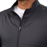 Fashionable grey twill jacket with zipper, roomy pockets and wrinkle-free and anti-microbial features