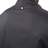 Fashionable grey twill jacket with zipper, roomy pockets and wrinkle-free and anti-microbial features