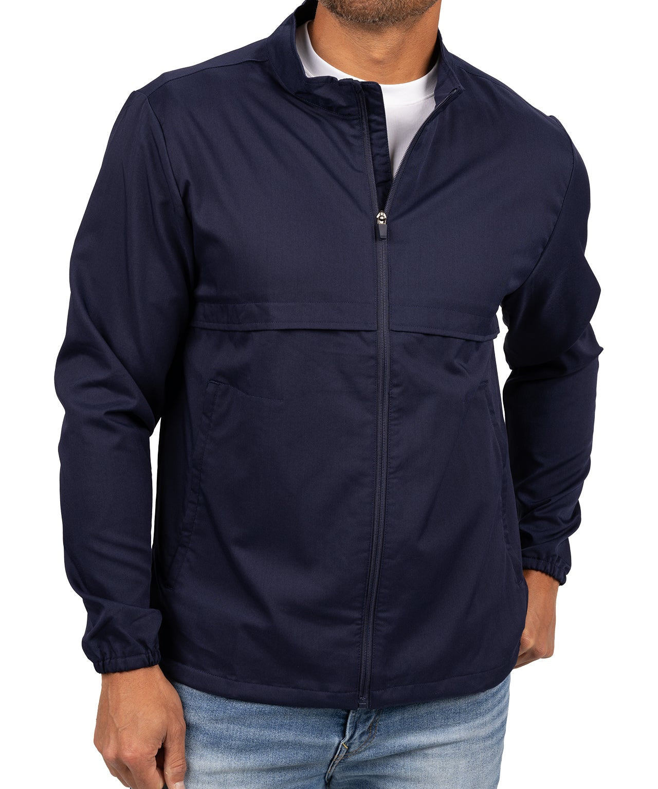 Fashionable navy twill jacket with zipper, roomy pockets and wrinkle-free and anti-microbial features