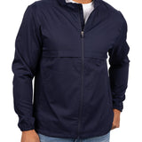 Fashionable navy twill jacket with zipper, roomy pockets and wrinkle-free and anti-microbial features