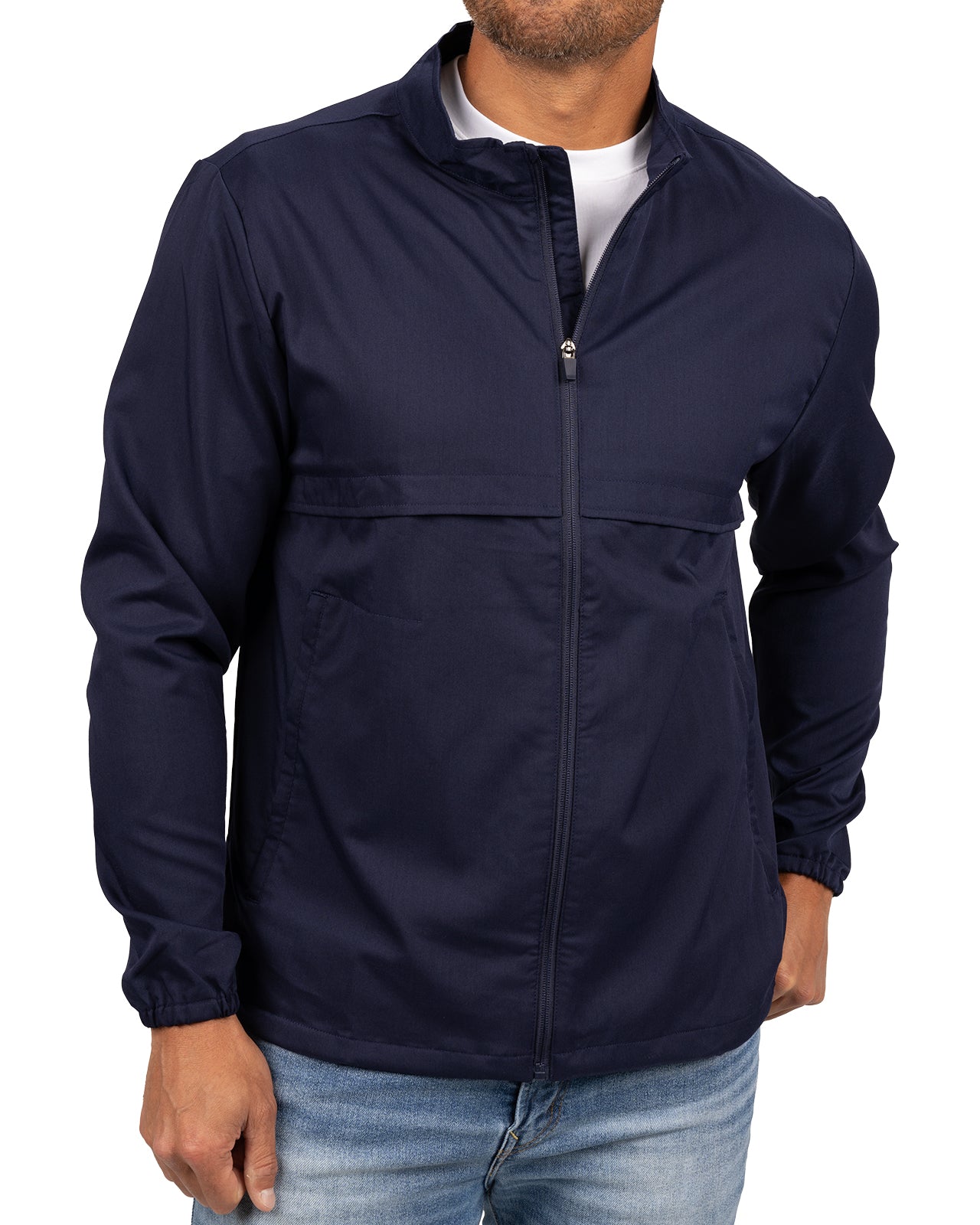 Fashionable navy twill jacket with zipper, roomy pockets and wrinkle-free and anti-microbial features