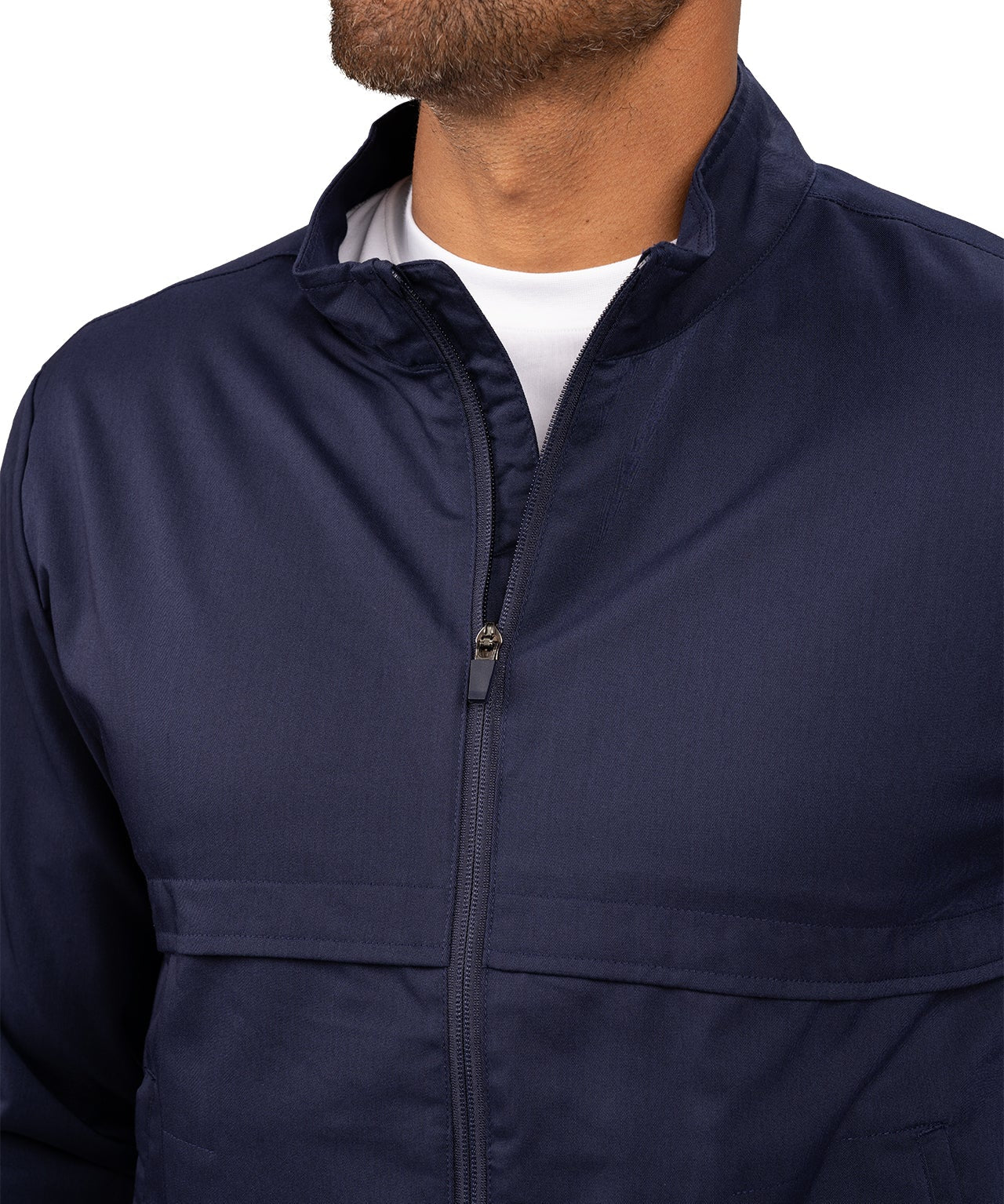 Fashionable navy twill jacket with zipper, roomy pockets and wrinkle-free and anti-microbial features