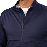 Fashionable navy twill jacket with zipper, roomy pockets and wrinkle-free and anti-microbial features