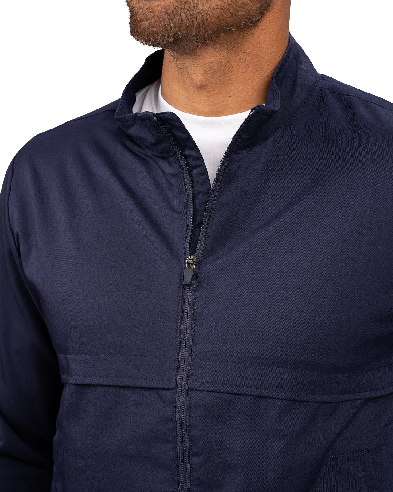 Fashionable navy twill jacket with zipper, roomy pockets and wrinkle-free and anti-microbial features