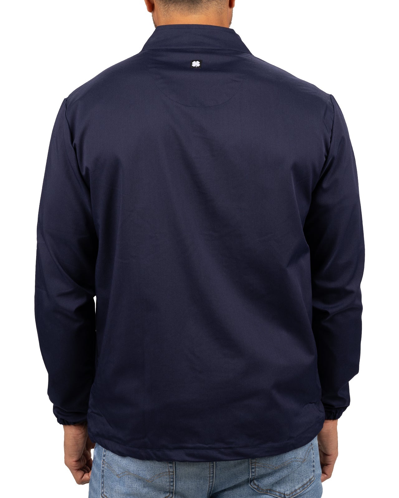 Fashionable navy twill jacket with zipper, roomy pockets and wrinkle-free and anti-microbial features