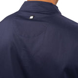 Fashionable navy twill jacket with zipper, roomy pockets and wrinkle-free and anti-microbial features