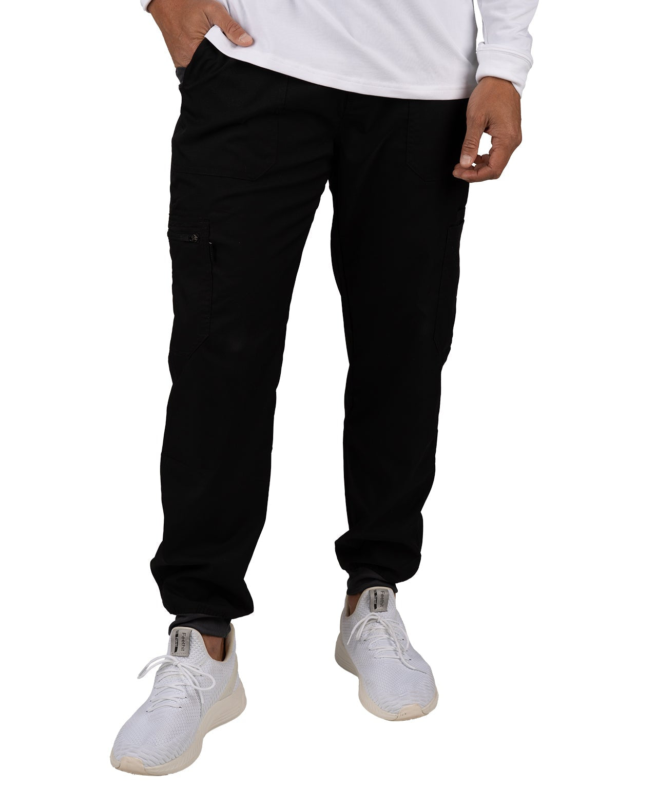 Fashionable black loungewear jogger with adjustable drawstring waist and wrinkle-free and anti-microbial features