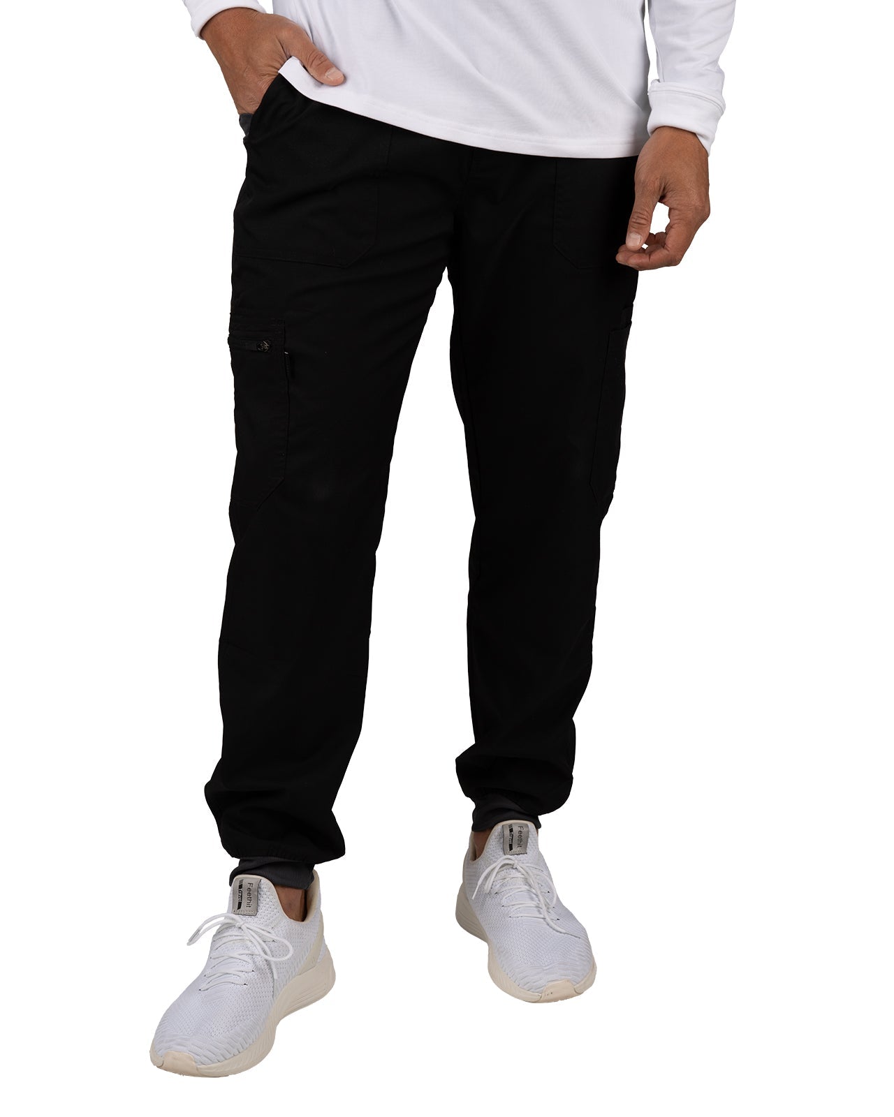 Fashionable black loungewear jogger with adjustable drawstring waist and wrinkle-free and anti-microbial features