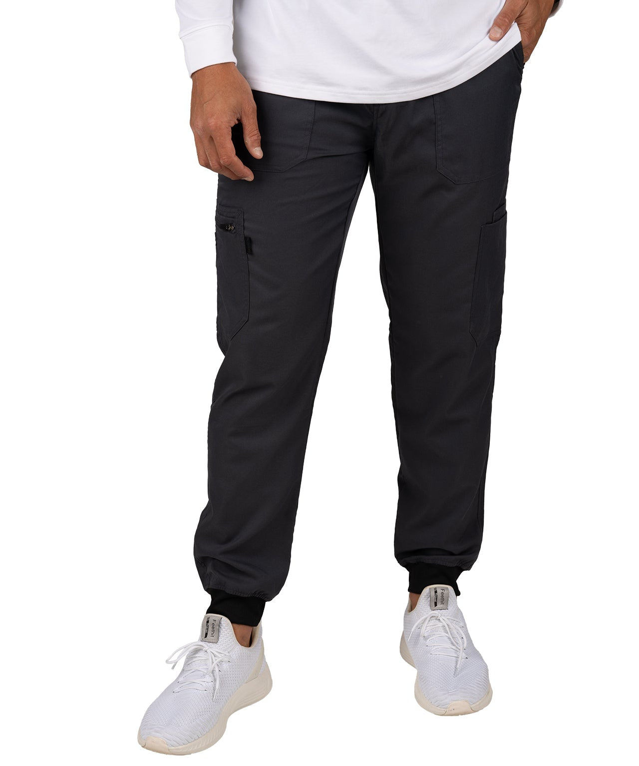 Fashionable grey loungewear jogger with adjustable drawstring waist and wrinkle-free and anti-microbial features