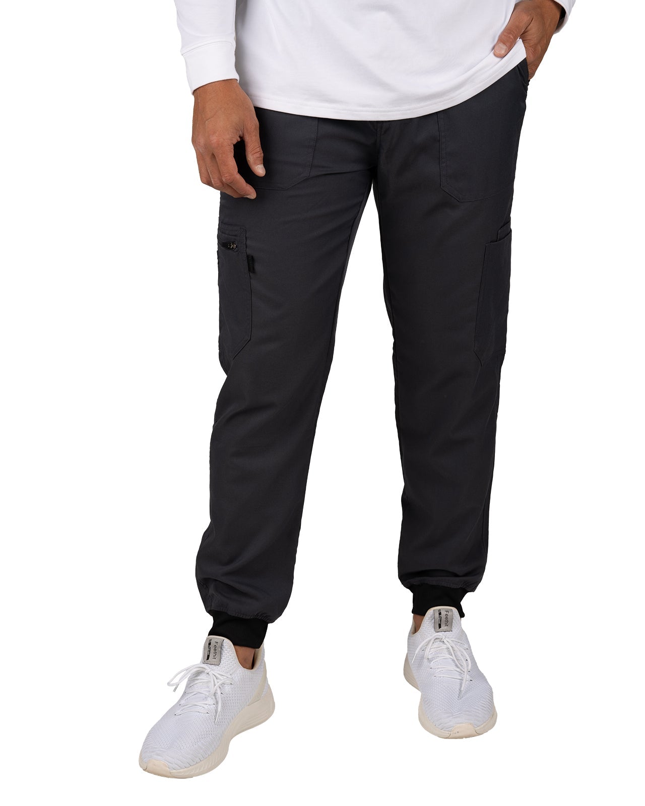 Fashionable grey loungewear jogger with adjustable drawstring waist and wrinkle-free and anti-microbial features