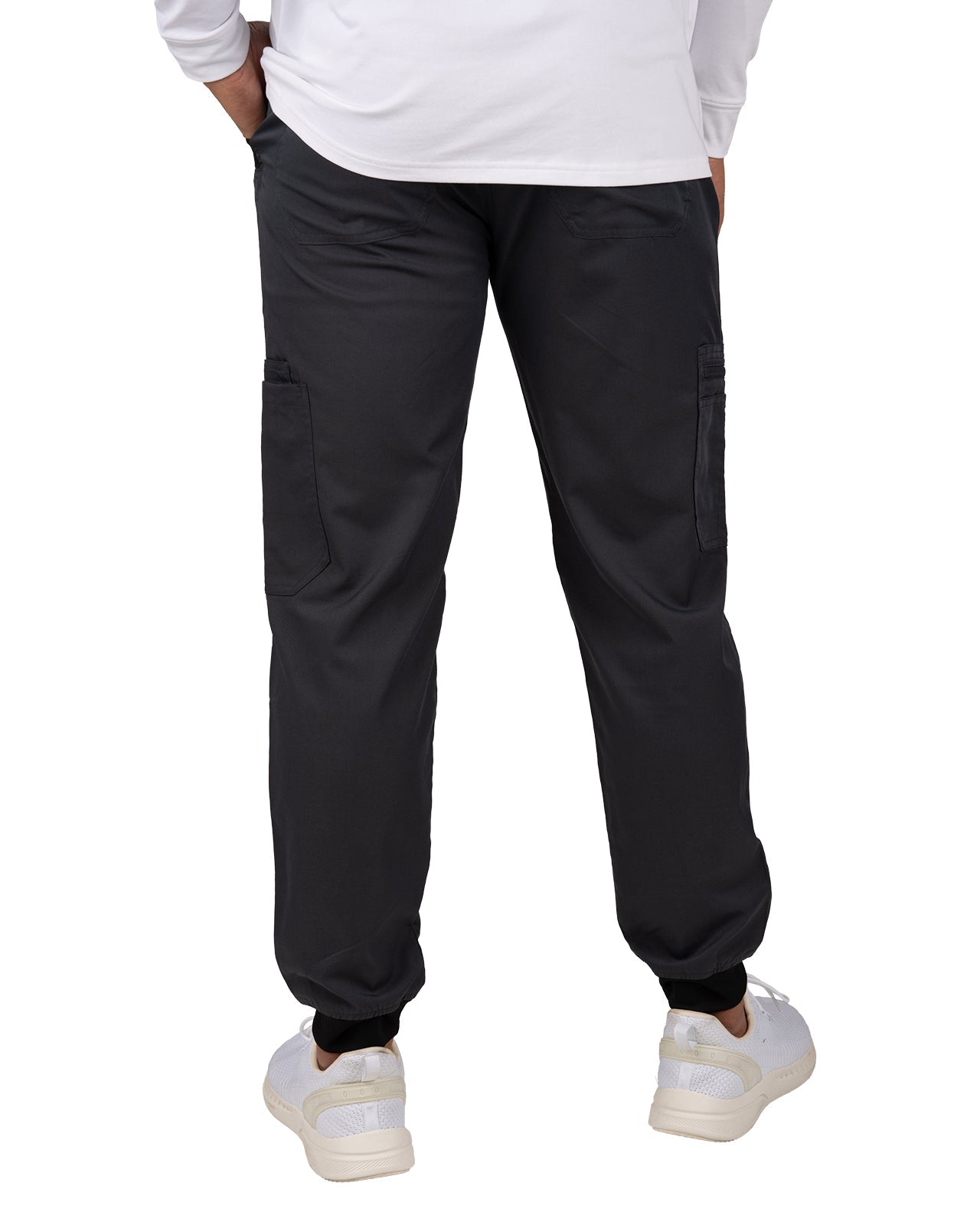 Fashionable grey loungewear jogger with adjustable drawstring waist and wrinkle-free and anti-microbial features