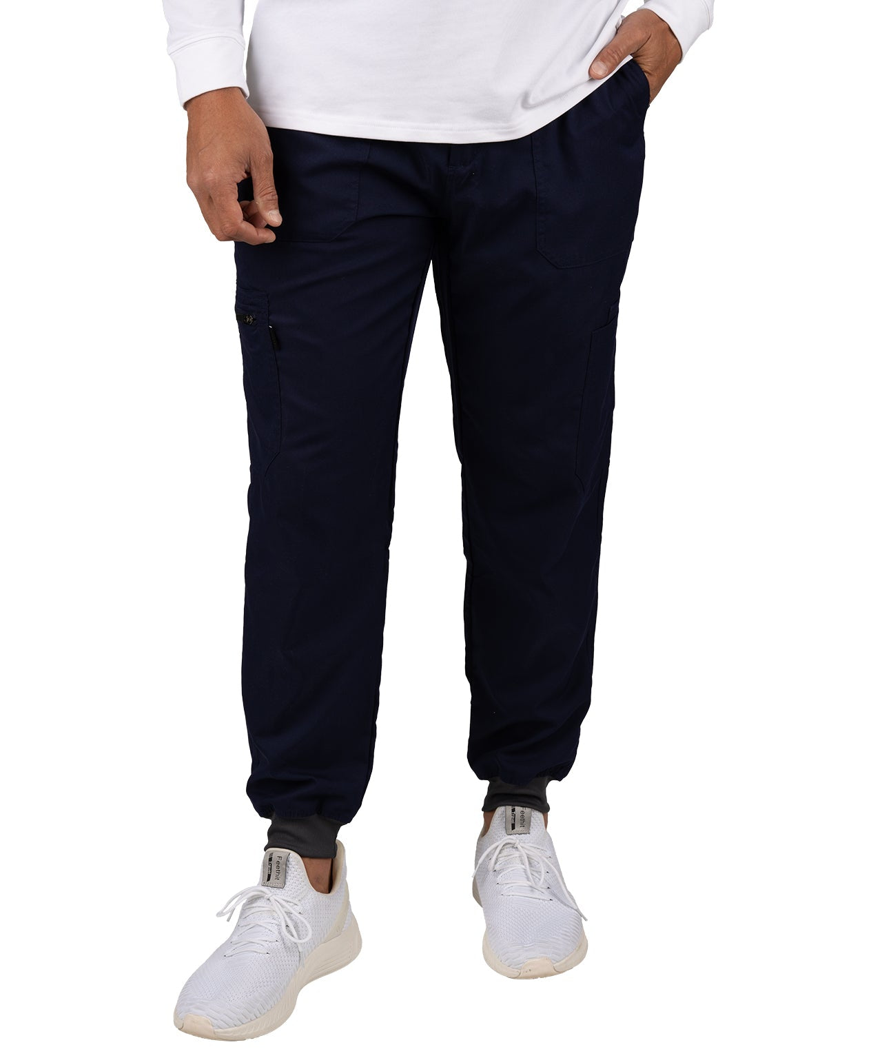 Fashionable navy loungewear jogger with adjustable drawstring waist and wrinkle-free and anti-microbial features