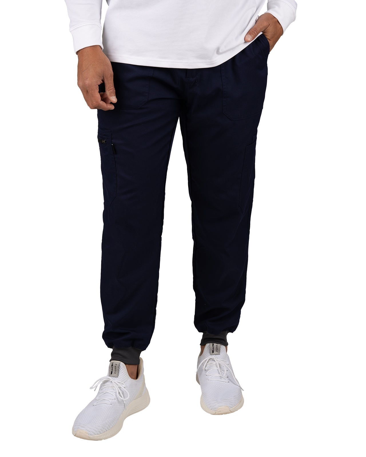 Fashionable navy loungewear jogger with adjustable drawstring waist and wrinkle-free and anti-microbial features