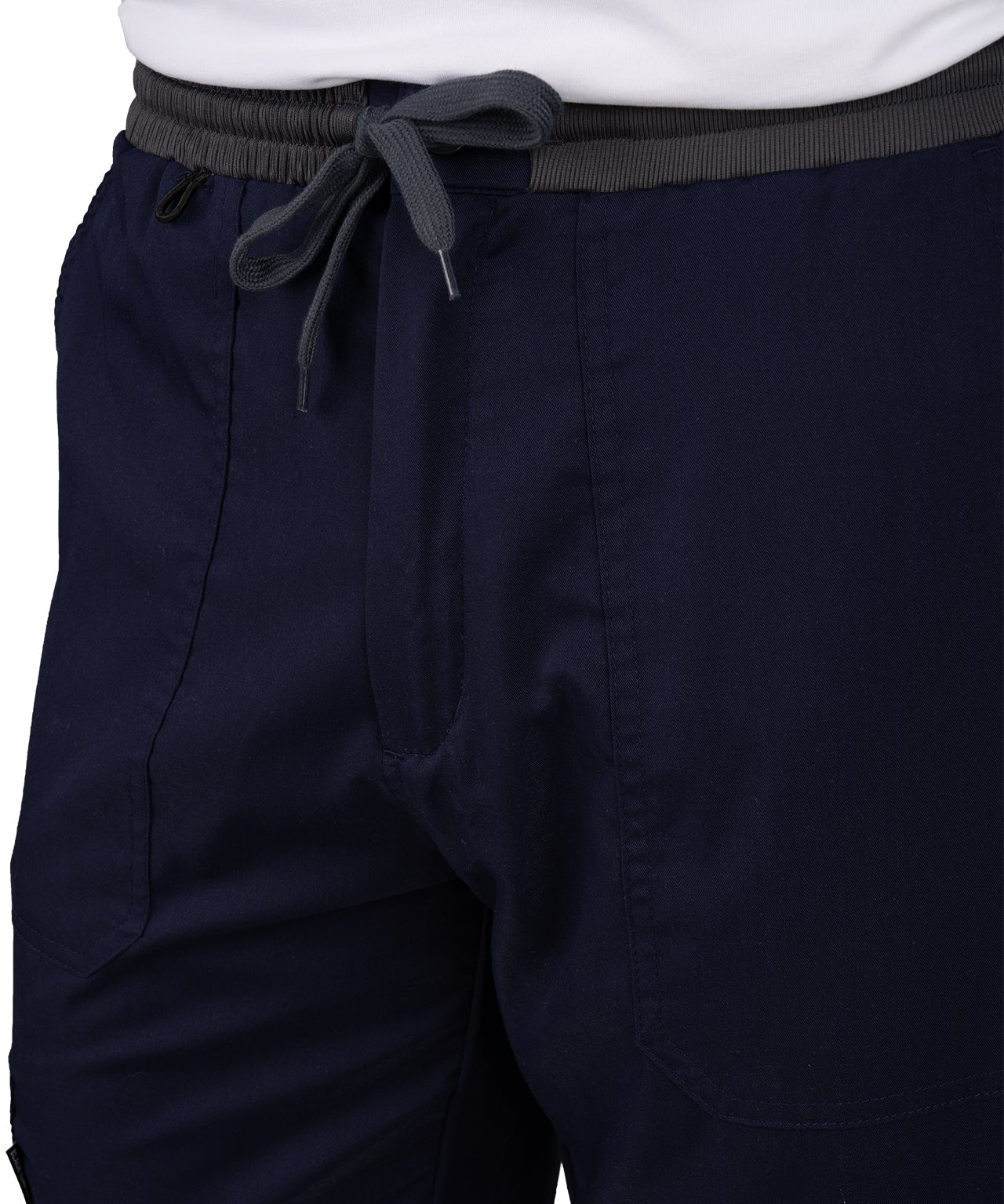 Fashionable navy loungewear jogger with adjustable drawstring waist and wrinkle-free and anti-microbial features