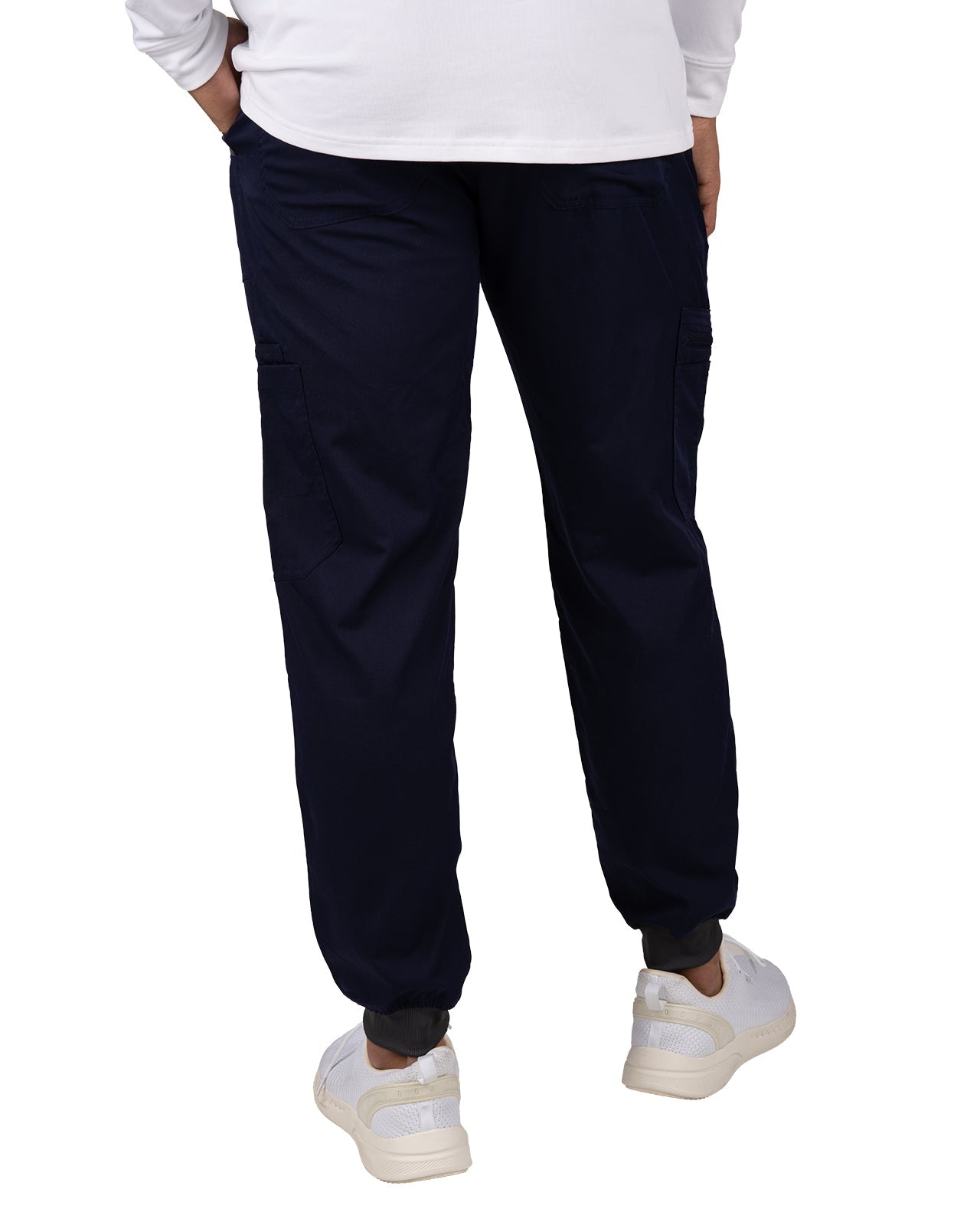 Fashionable navy loungewear jogger with adjustable drawstring waist and wrinkle-free and anti-microbial features