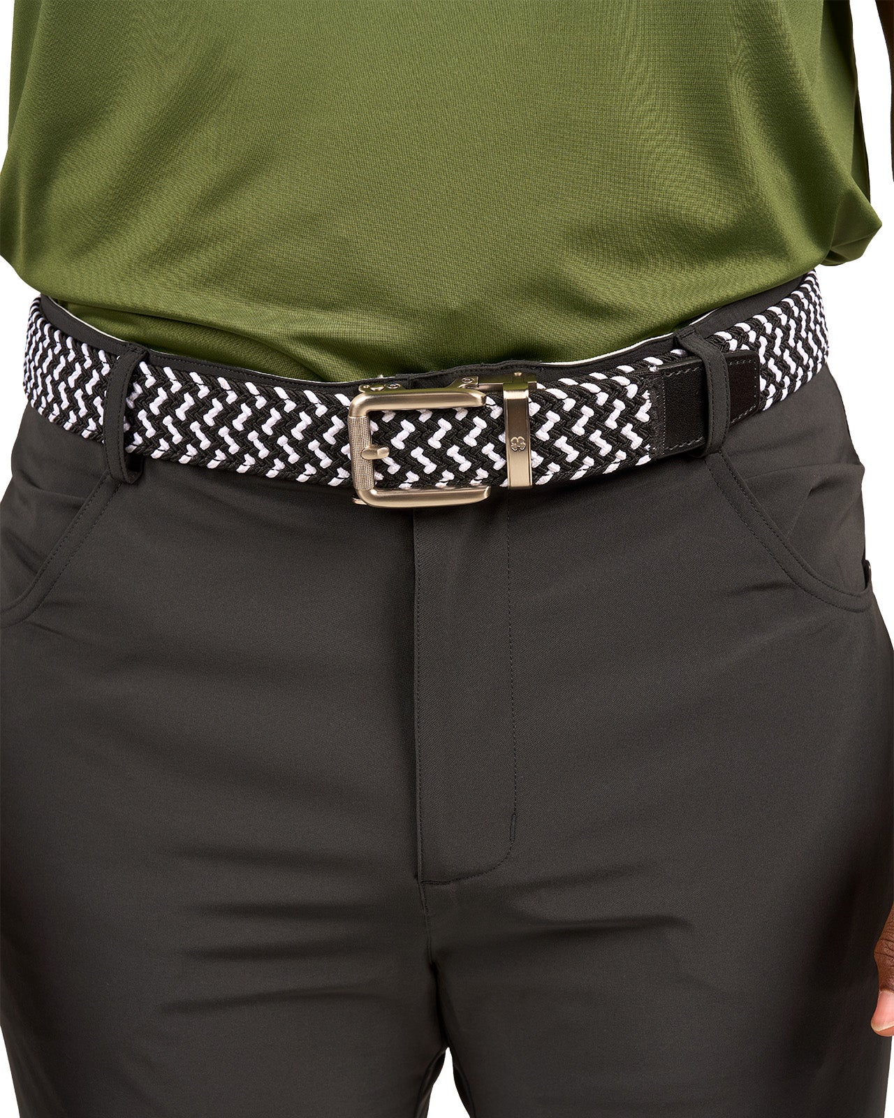 Man wearing black and white stretch belt from Black Clover