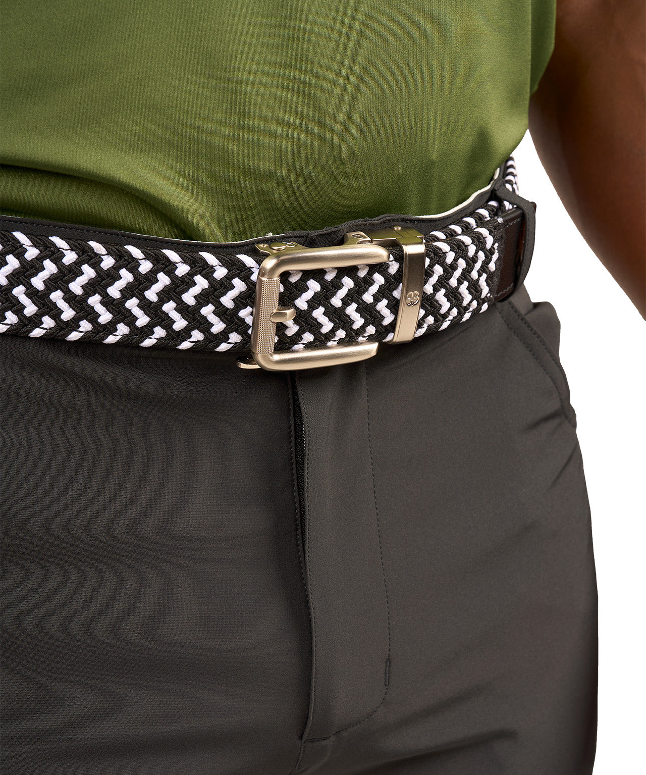 Man wearing black and white stretch belt from Black Clover