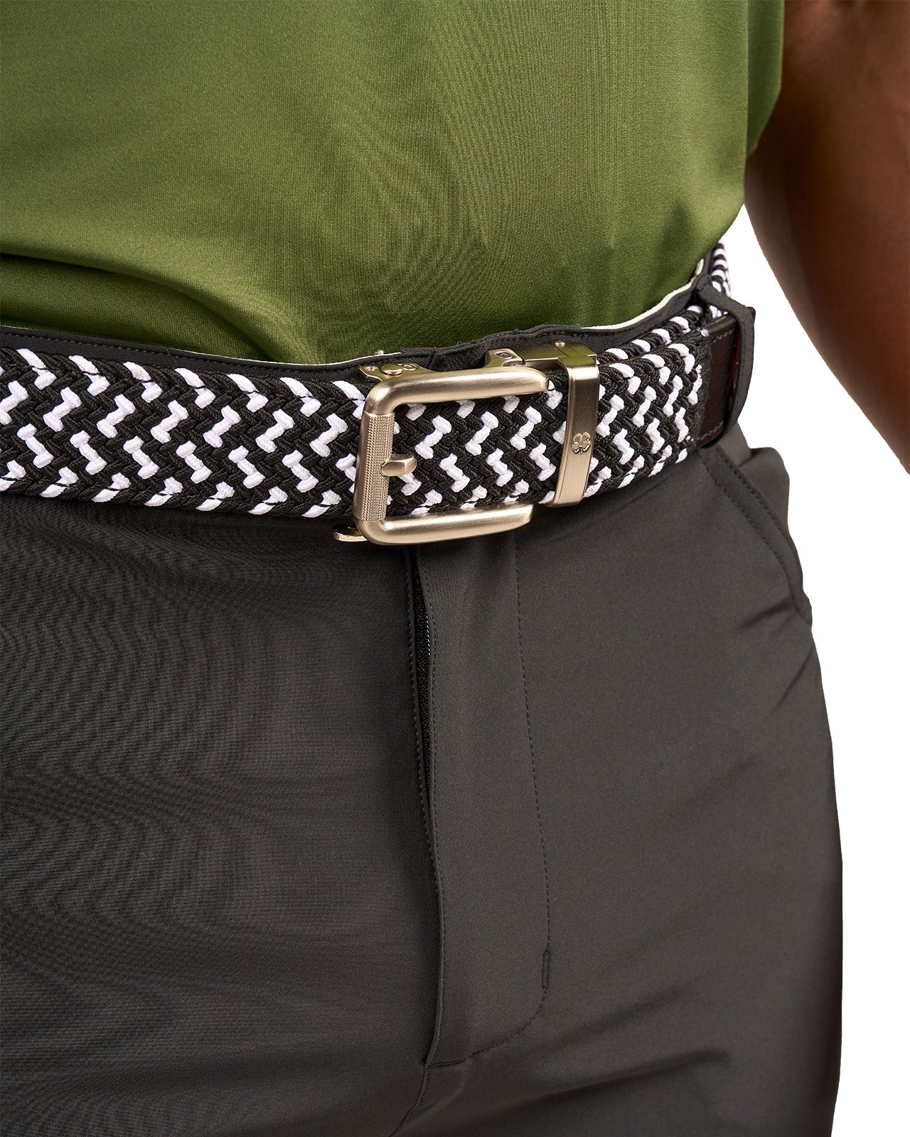 Man wearing black and white stretch belt from Black Clover