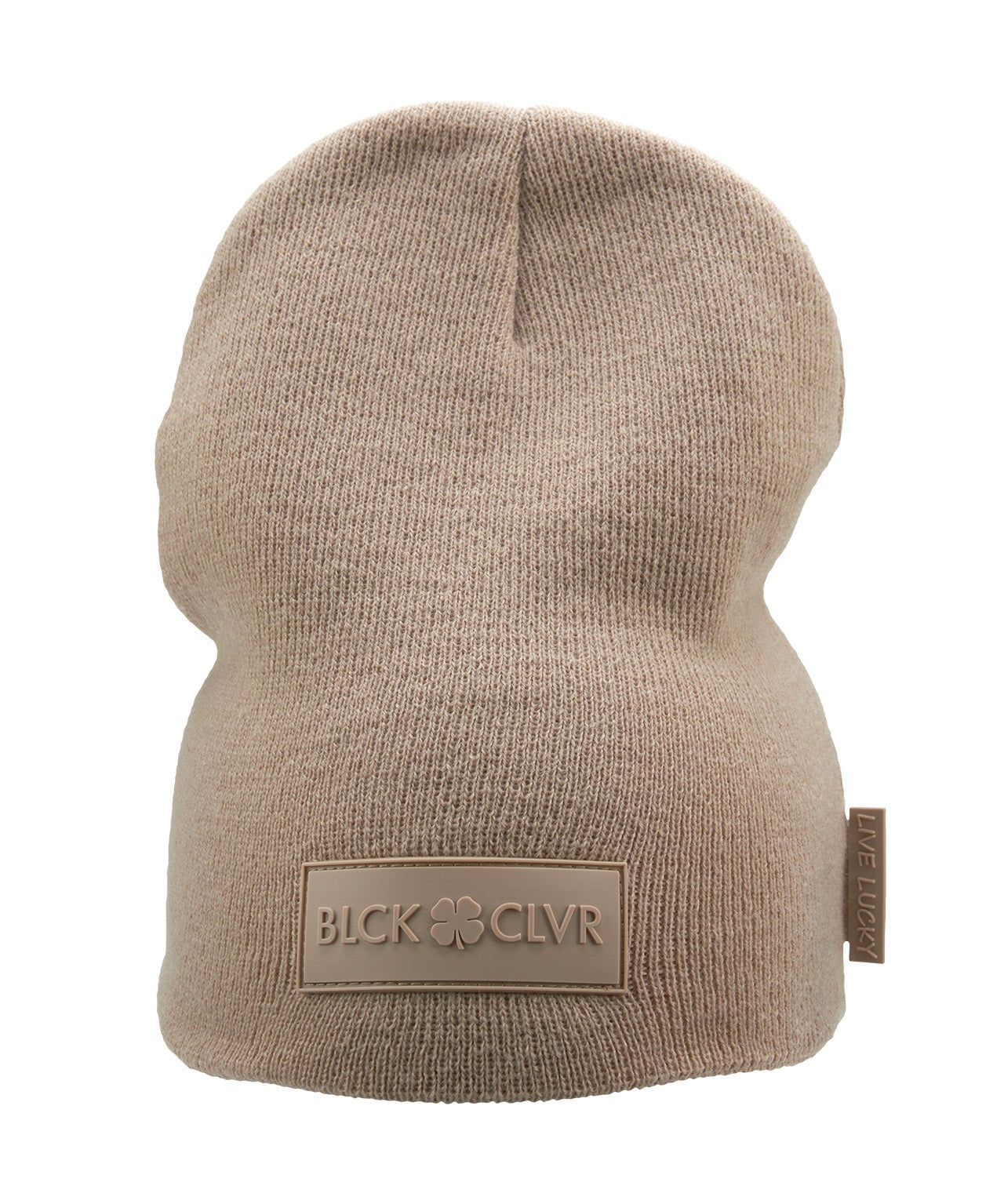 Cuffless Beige beanie from Black Clover featuring cuffless design and a "Black Clover" patch on the front