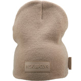 Cuffless Beige beanie from Black Clover featuring cuffless design and a "Black Clover" patch on the front