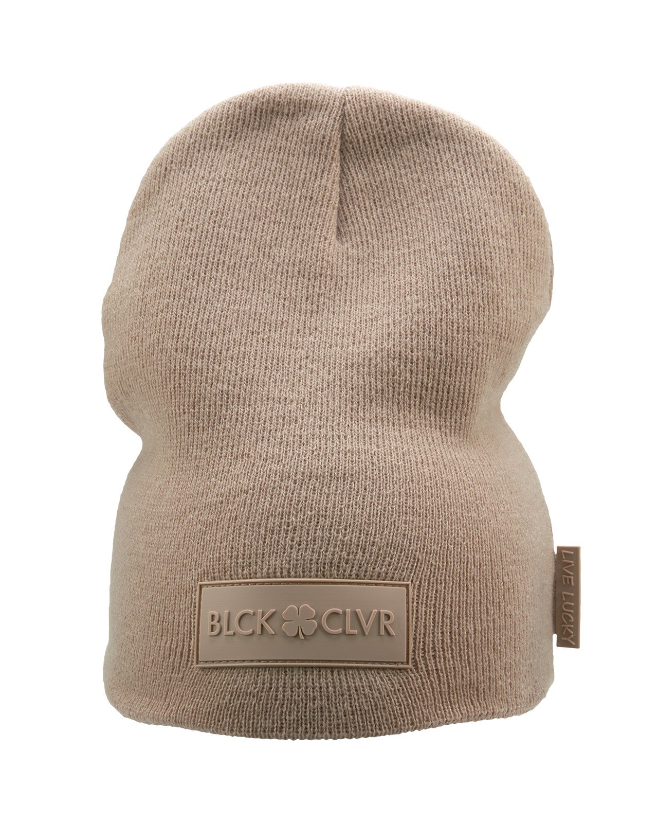 Cuffless Beige beanie from Black Clover featuring cuffless design and a "Black Clover" patch on the front