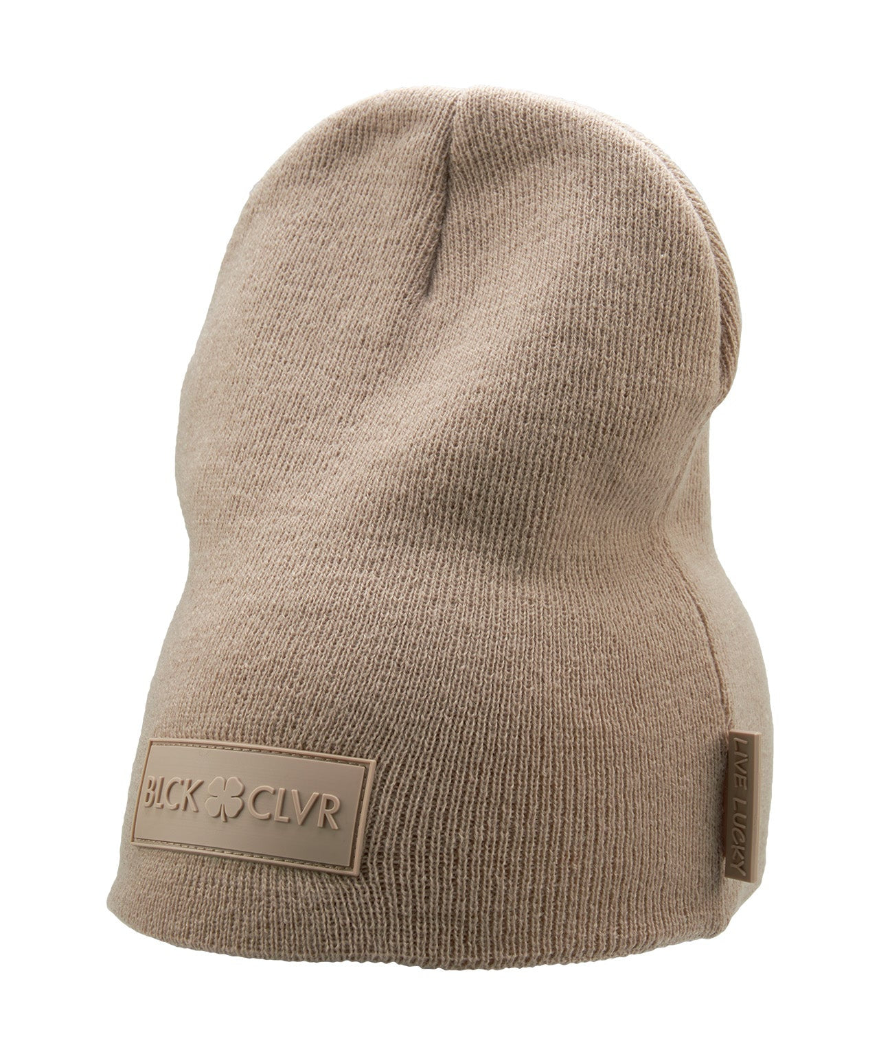 Cuffless Beige beanie from Black Clover featuring cuffless design and a "Black Clover" patch on the front