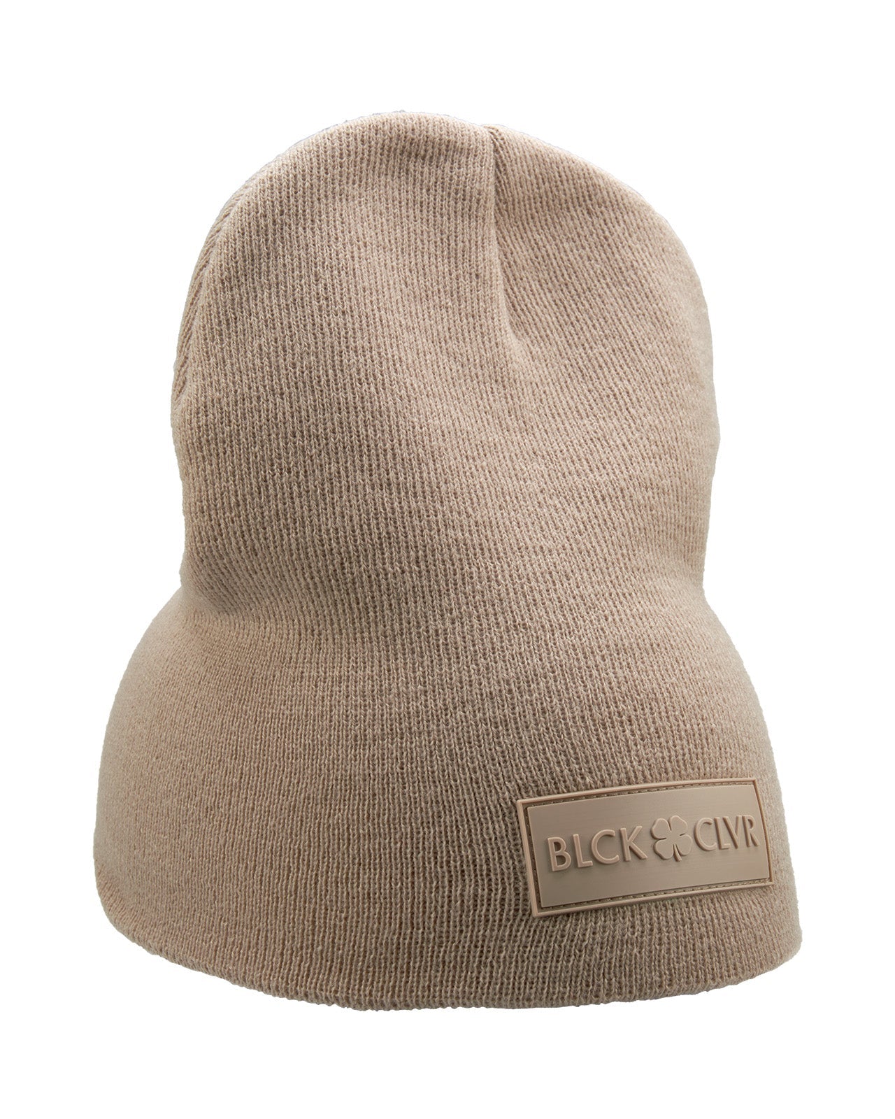 Cuffless Beige beanie from Black Clover featuring cuffless design and a "Black Clover" patch on the front