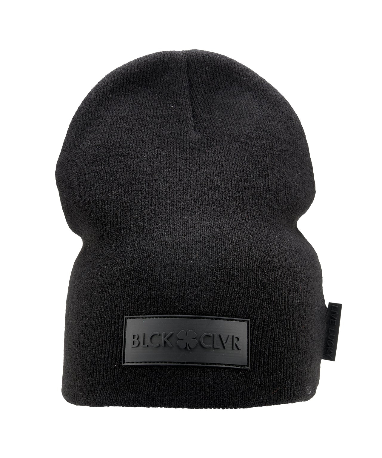 Cuffless Black beanie from Black Clover featuring cuffless design and a "Black Clover" patch on the front