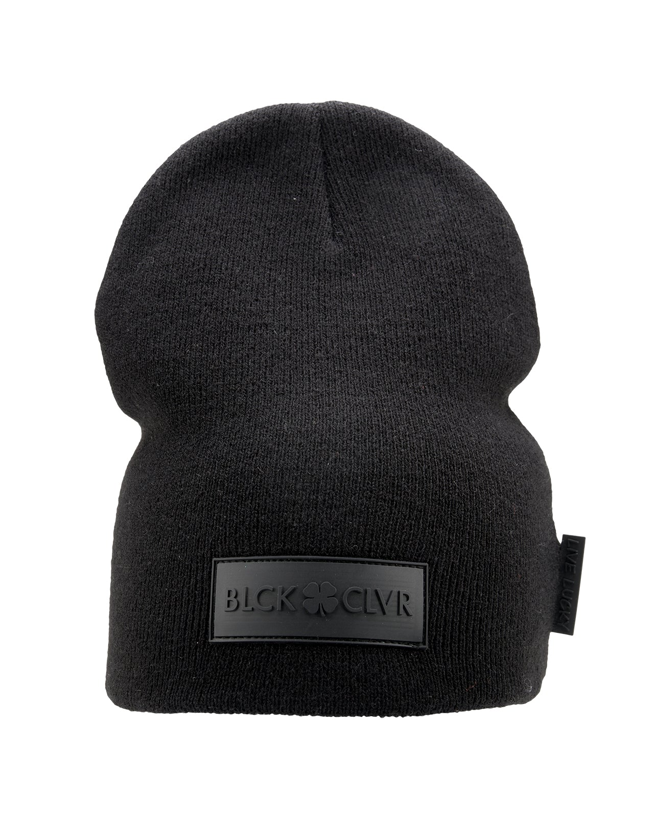 Cuffless Black beanie from Black Clover featuring cuffless design and a "Black Clover" patch on the front