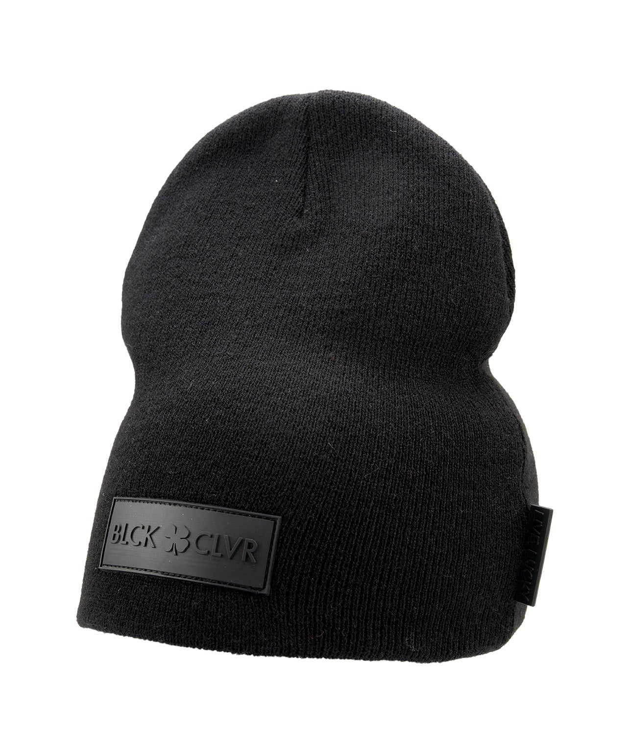 Cuffless Black beanie from Black Clover featuring cuffless design and a "Black Clover" patch on the front