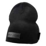 Cuffless Black beanie from Black Clover featuring cuffless design and a "Black Clover" patch on the front