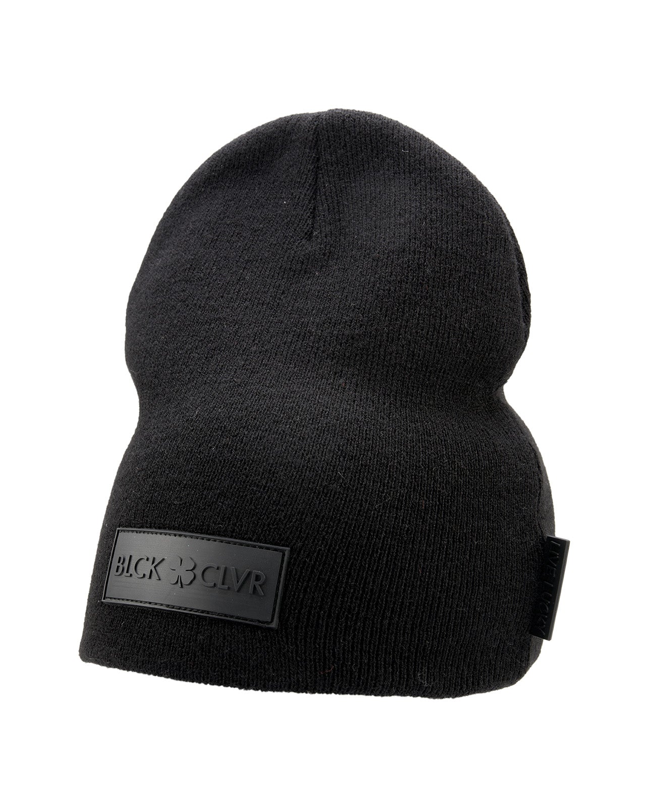 Cuffless Black beanie from Black Clover featuring cuffless design and a "Black Clover" patch on the front