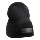 Cuffless Black beanie from Black Clover featuring cuffless design and a "Black Clover" patch on the front