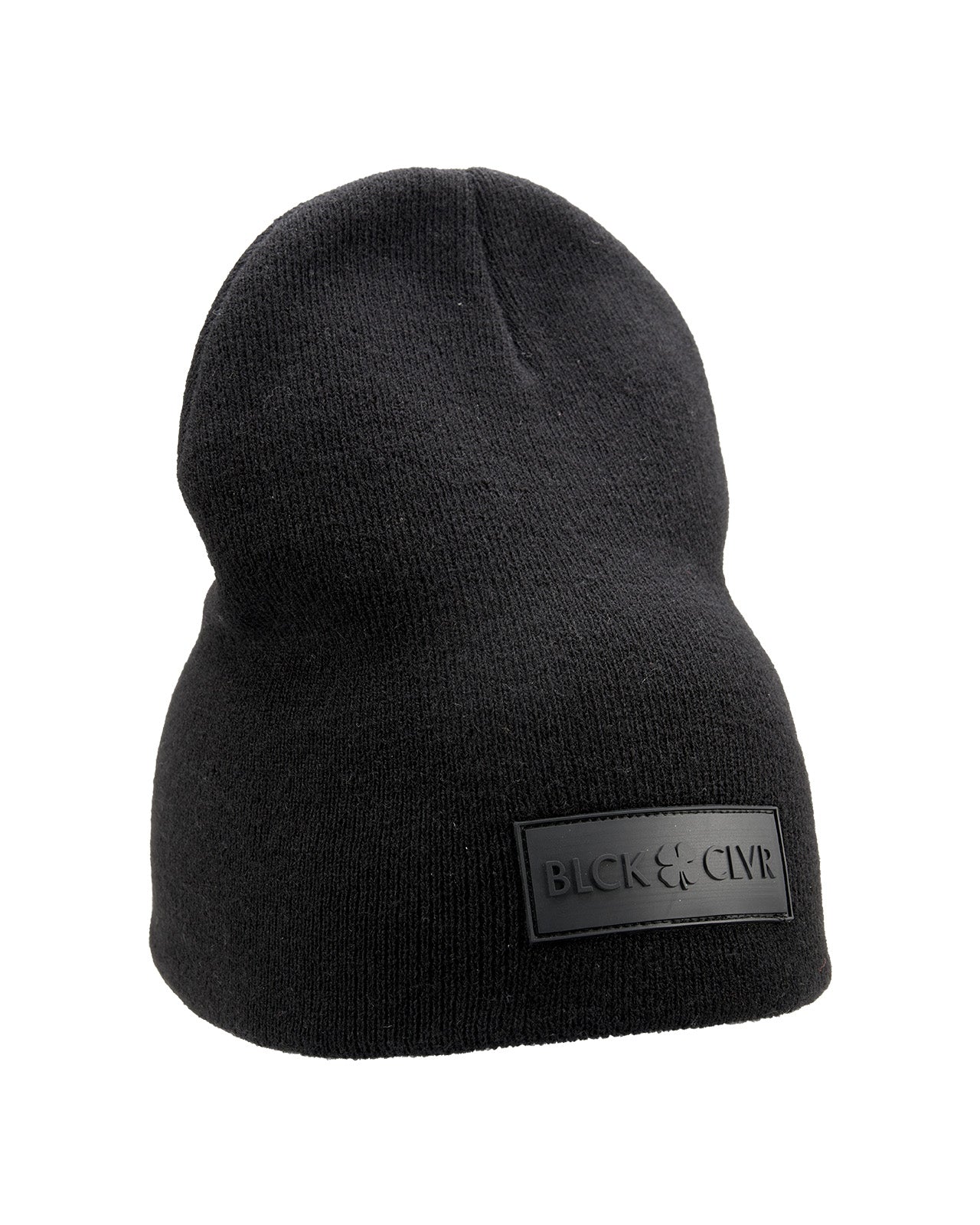 Cuffless Black beanie from Black Clover featuring cuffless design and a "Black Clover" patch on the front