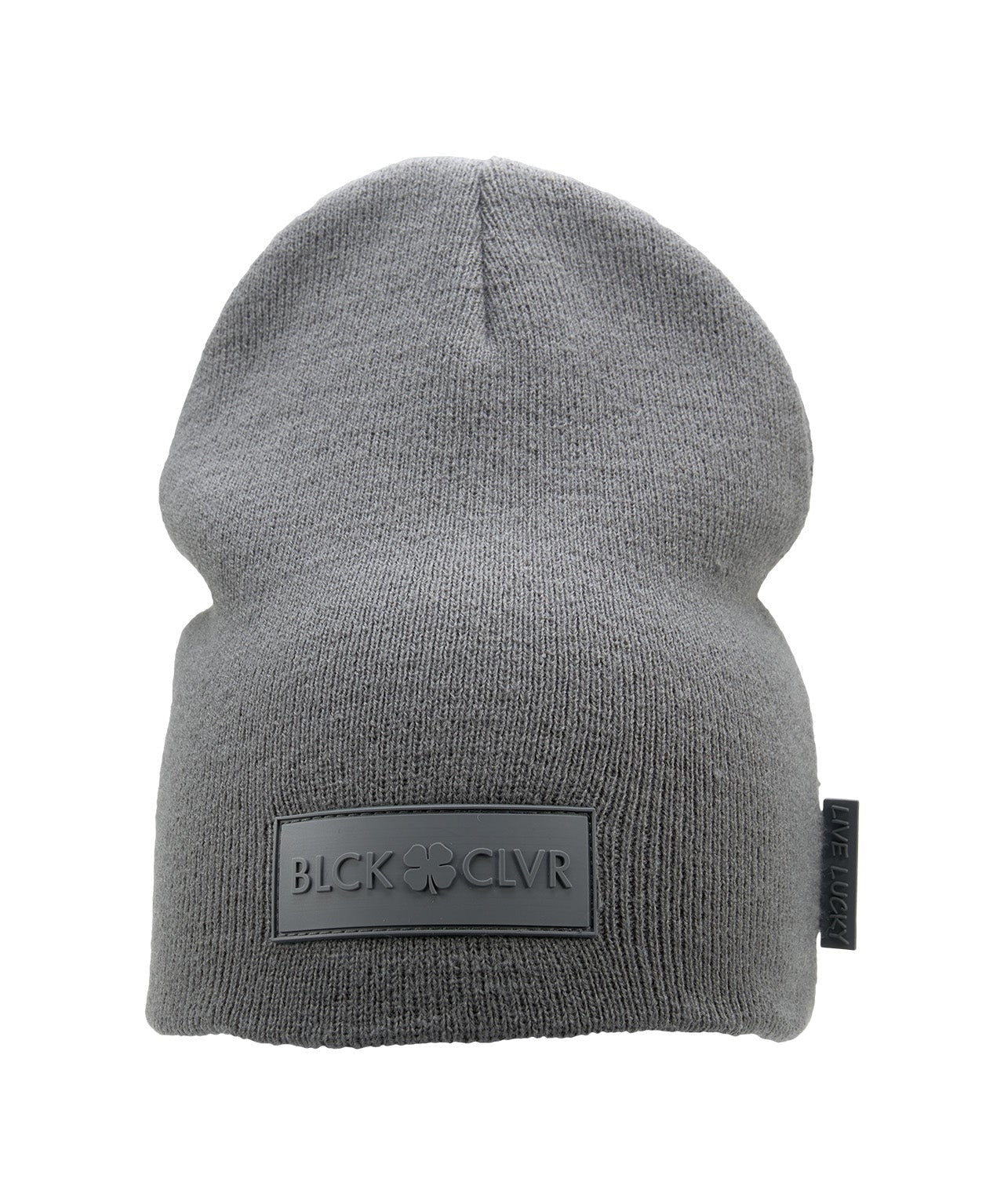 Cuffless Grey beanie from Black Clover featuring cuffless design and a "Black Clover" patch on the front