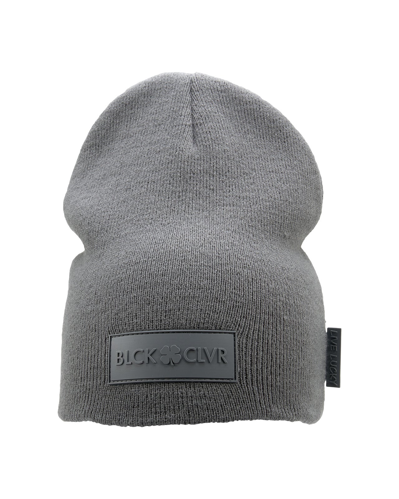 Cuffless Grey beanie from Black Clover featuring cuffless design and a "Black Clover" patch on the front