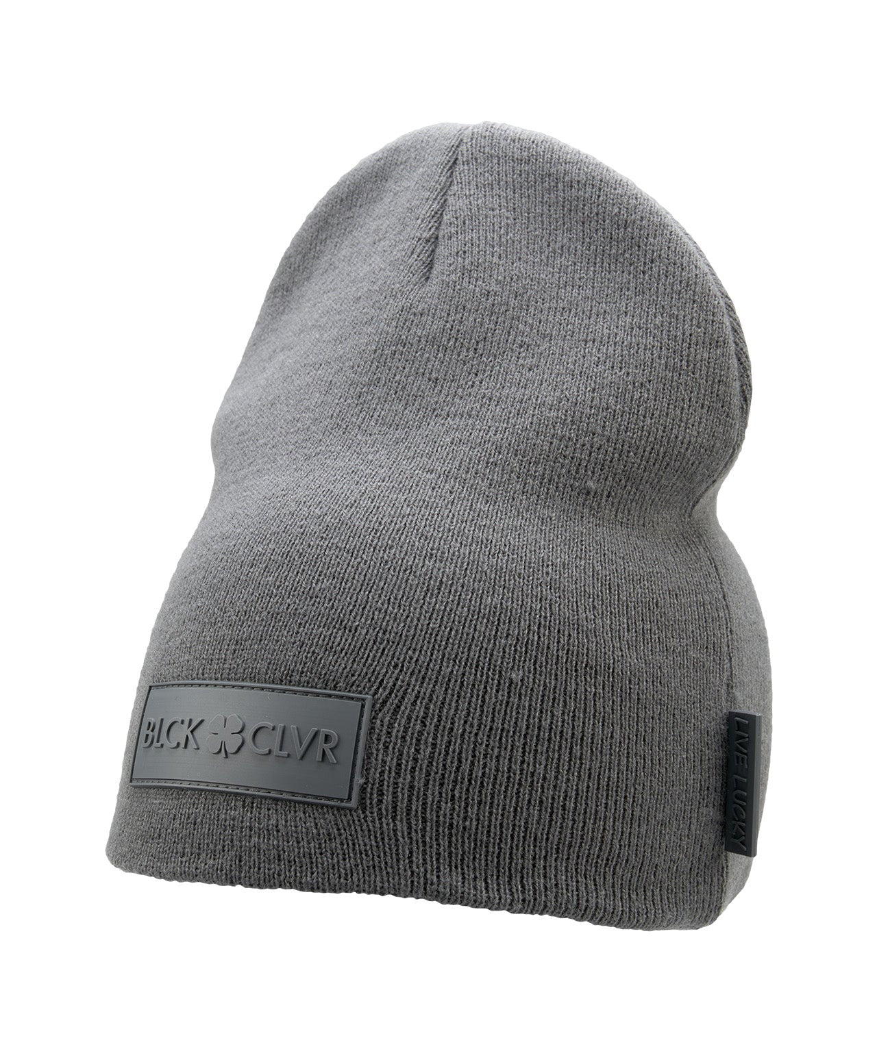 Cuffless Grey beanie from Black Clover featuring cuffless design and a "Black Clover" patch on the front