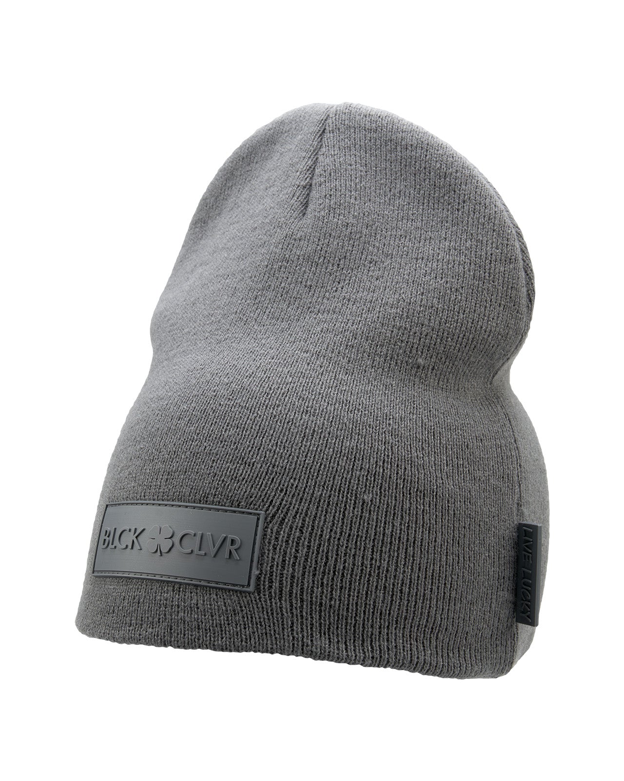 Cuffless Grey beanie from Black Clover featuring cuffless design and a "Black Clover" patch on the front