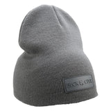 Cuffless Grey beanie from Black Clover featuring cuffless design and a "Black Clover" patch on the front