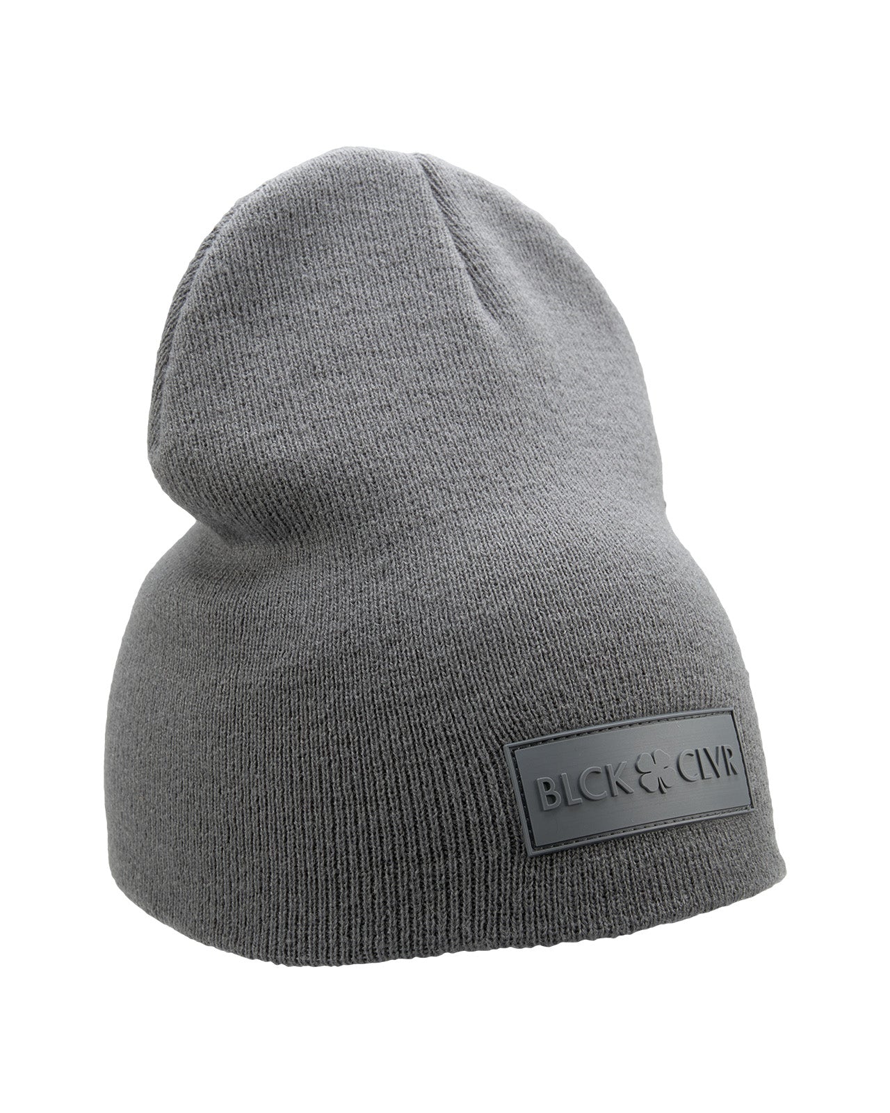 Cuffless Grey beanie from Black Clover featuring cuffless design and a "Black Clover" patch on the front