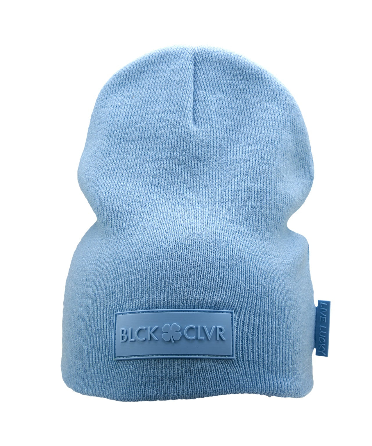 Cuffless Ice Blue beanie from Black Clover featuring cuffless design and a "Black Clover" patch on the front