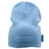 Cuffless Ice Blue beanie from Black Clover featuring cuffless design and a "Black Clover" patch on the front