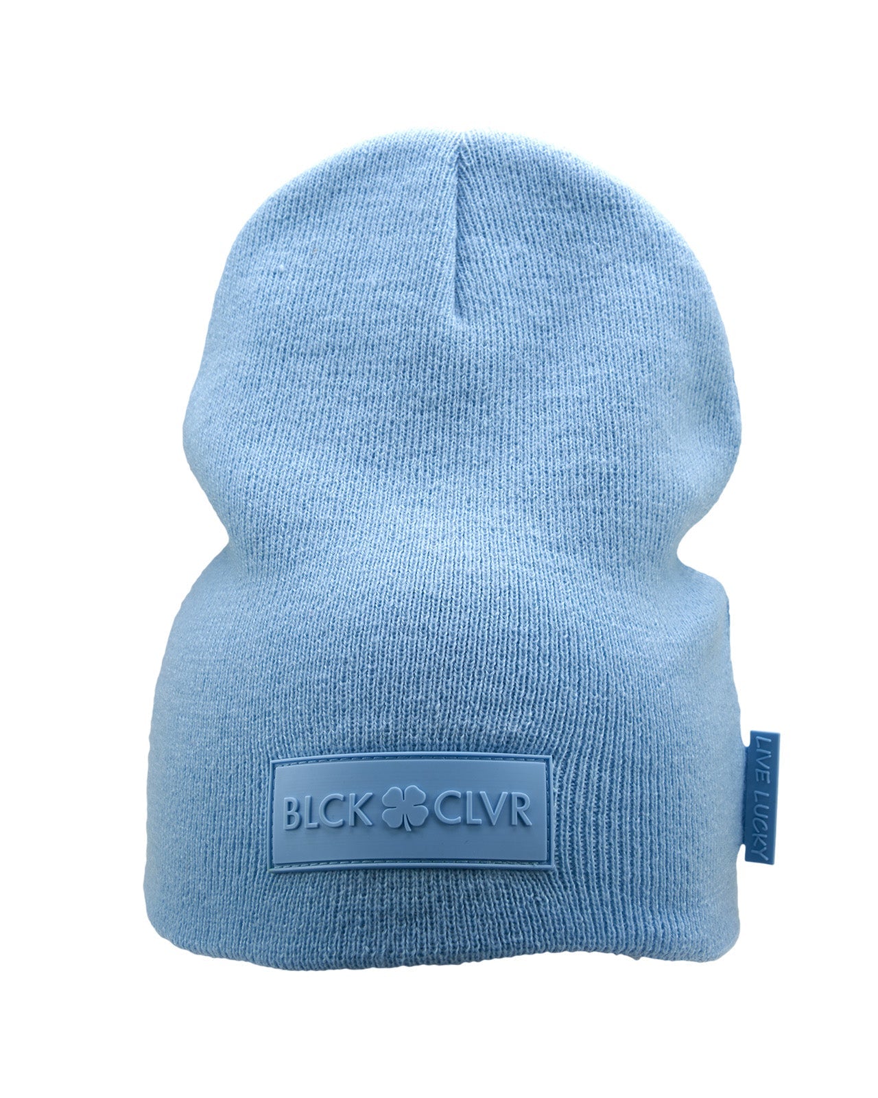 Cuffless Ice Blue beanie from Black Clover featuring cuffless design and a "Black Clover" patch on the front