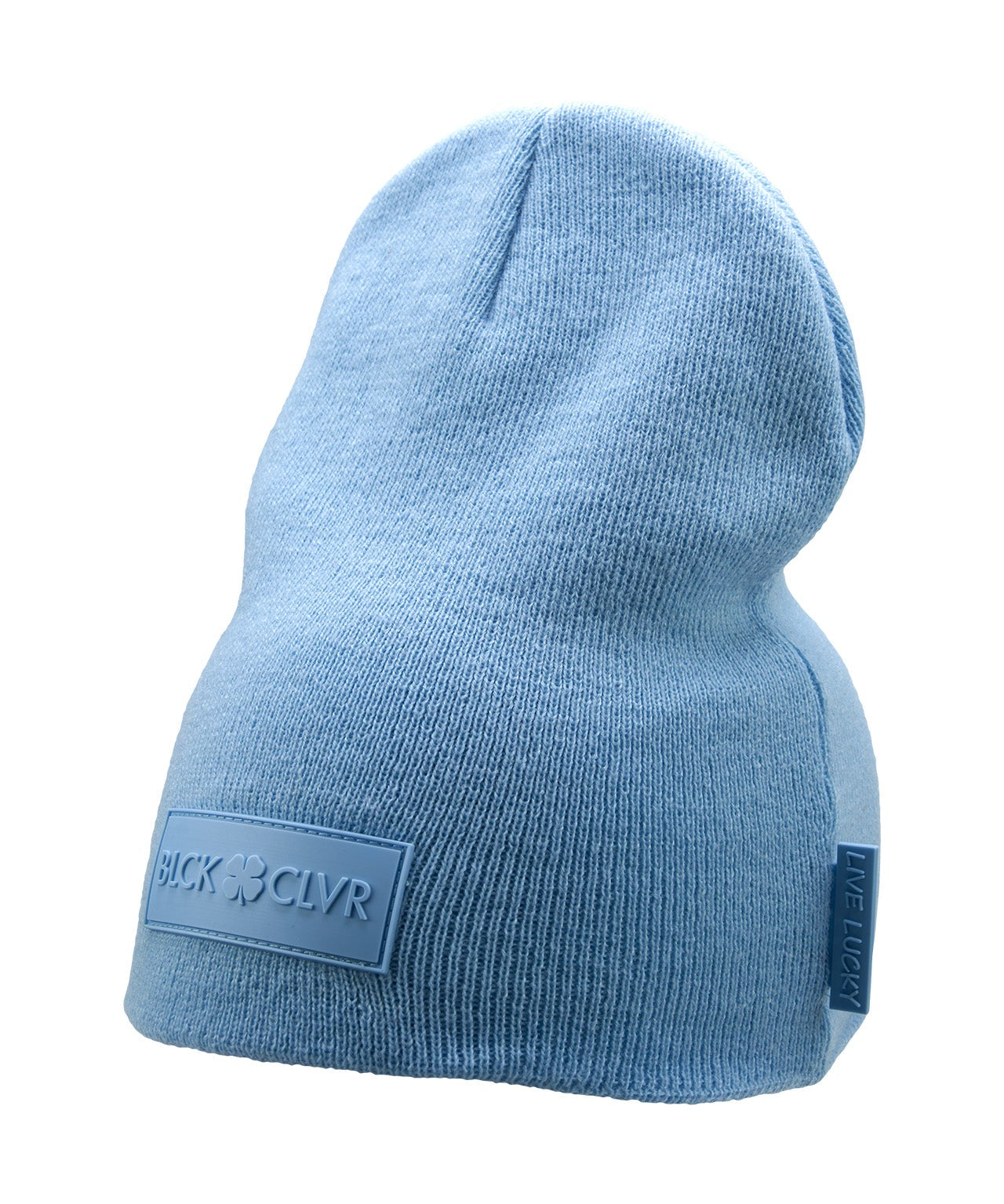 Cuffless Ice Blue beanie from Black Clover featuring cuffless design and a "Black Clover" patch on the front